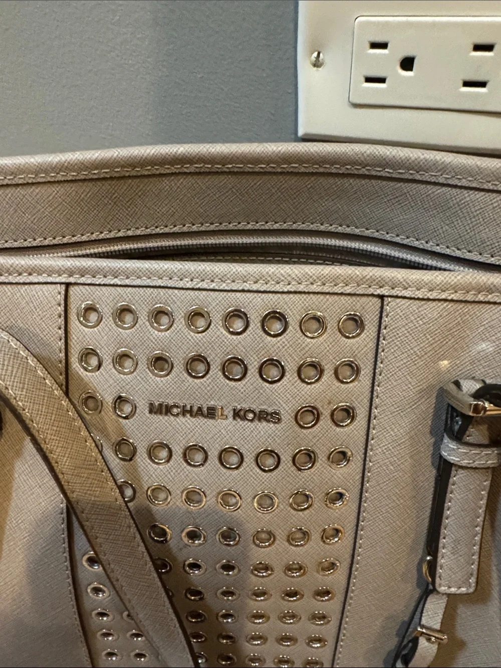 Michael Kors Gray Saffiano Tote with Studded Center Panel